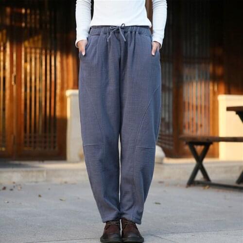 Johnature Women Winter Fleece Pants Warm Thick Cotton Linen Trouser Elastic Waist Solid Color 2020 New Vintage Patchwork Pants