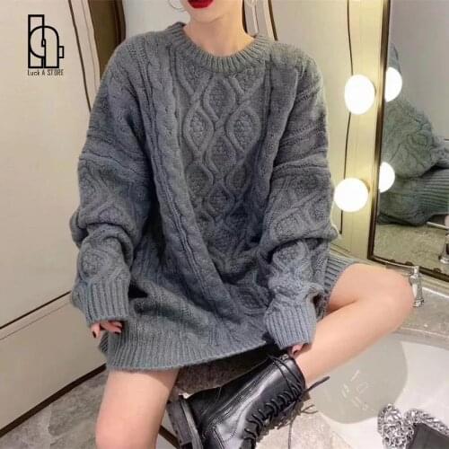New 2021 Autumn Winter Women Long Sleeve Top Loose Knitting Oversized Sweater Korean Fashion Soild Knitwear Pullovers Brown Tops