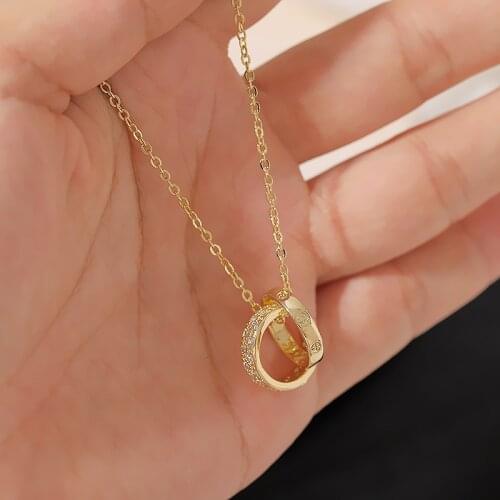 Korean Girl Necklace 2021 Fashion New Personality Wild Crystal Double Circle Pendant Net Red Temperament Necklace Sales Collier