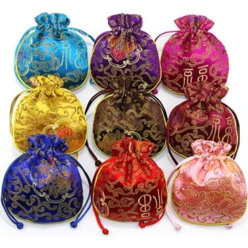 Small Rich Flower Drawstring Gift Bag Christmas Candy Bag Chinese Silk Brocade Jewelry Pouch with Lined 10pcs/lot