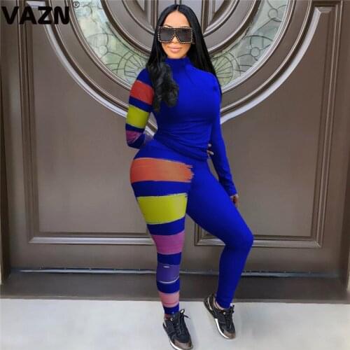 VAZN 2020 Top Quality Patchwork Soft Casual Young Turtleneck Full Sleeve Group Long Pants Tracksuits Skinny Women 2 Piece Set