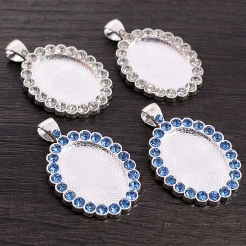 5pcs 18x25mm Inner Size Bright Silver Plated Transparent Blue Rhinestone Style Cameo Cabochon Base Setting Pendant