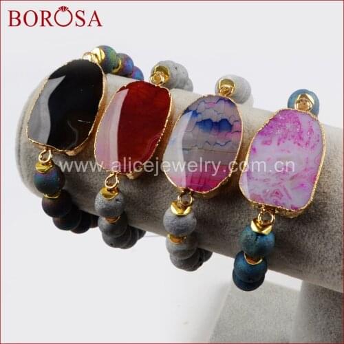 BOROSA Handmade Drusy Beaded Bracelets,Gold Color Rainbow Fire Onyx Stone Bracelet With 10mm Titanium Druzy Stone Beads G1432