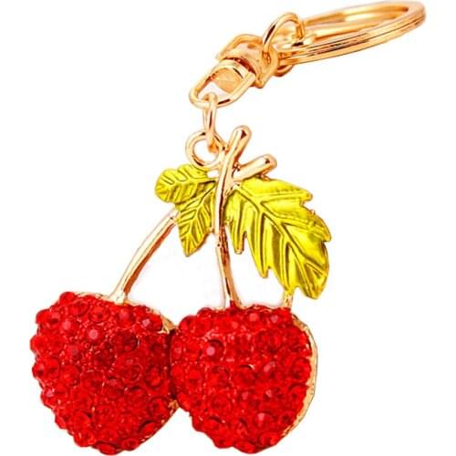 Zinc Alloy Pretty Crystal Cherry Keychain Charm Metal Keyring Bag Keyfobs Creative Car Pendant Accessories Lover Gift R242