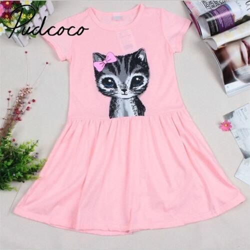 Baby Toddler Kids Girls Dress Summer Clothes Short Sleeve Cartoon Cat One Piece Dresses 1-8y