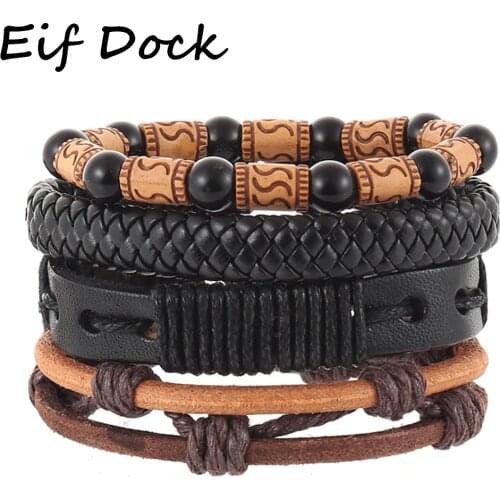 Eif Dock Vintage Brown Wood Bead Multilayer Leather Bracelet Bangle Woman Retro Charm Bracelets 2020 Pulseira Jewelry