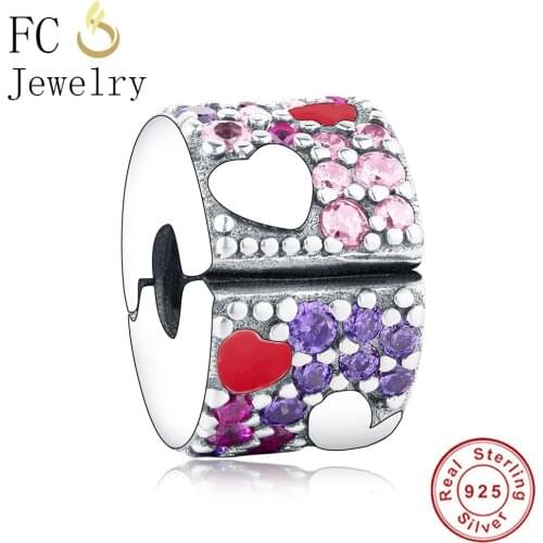 FC Jewelry Fit Original Brand Charms Bracelet 925 Sterling Silver Heart Natural Zircon Stone Clip Stopper Lock Beads Berloque