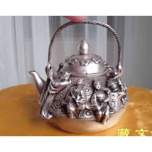 Coated silver Collectible exquisite silver eight immortal Teapot pot 10 cm tall Garden 100% real Tibetan Silver Brassroom