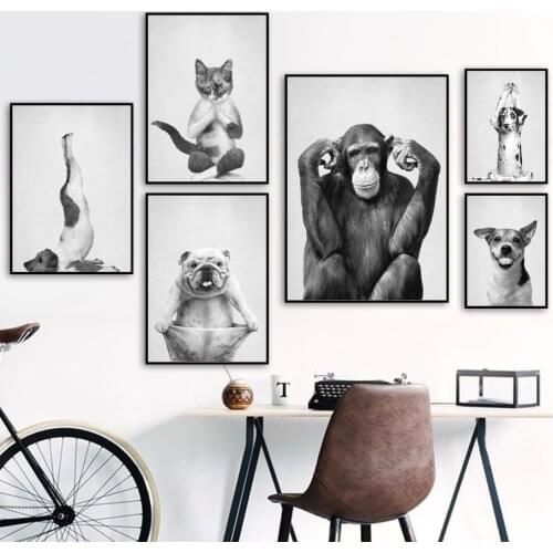 Dancing Yoga Cat Dog Monkey Wall Art Canvas Painting Black White Nordic Posters And Prints Wall Pictures For Living Room Decor