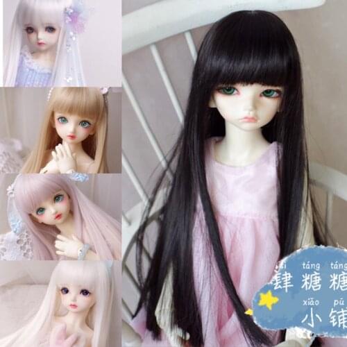 BJD doll wig high temperature silk neat bangs long straight hair 6 points 4 big baby 3 big female black gold powder multi-color