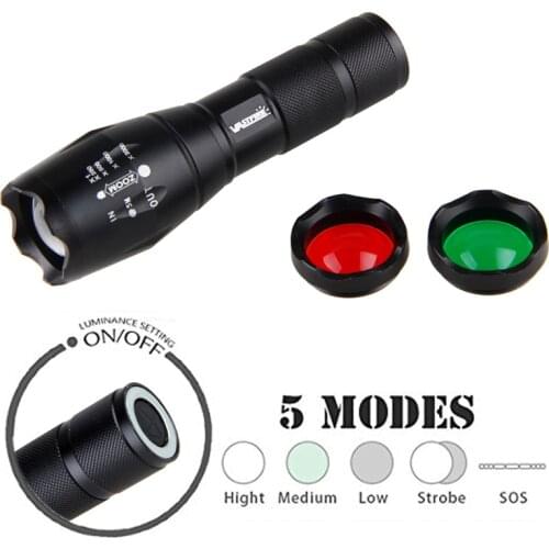 White Green Red Zoomable Focus 5000Lumen Tactical Flashlight XM-L T6 LED Adjustable Focus Torch Hunt Light High power lantern