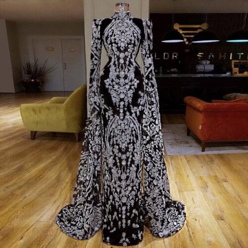 Floor Length Long Sleeves Muslim Kaftan Evening Prom Party Dresses Mermaid Sequined Lace Arabic Robe De Soiree Vestidos