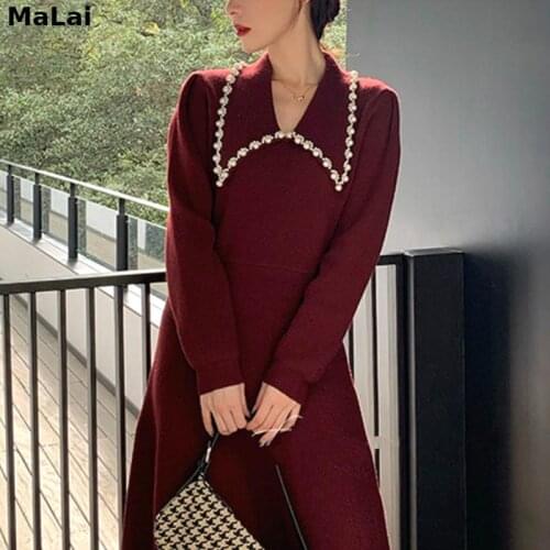 Vintage Knitted Dress Women French Casual V-Neck One Piece Dress Female Korean 2021 Spring Slim Office Elegant Sweater Dresses