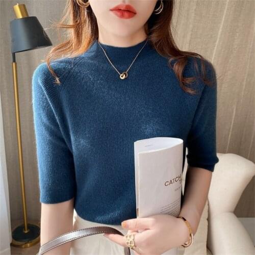 Womens Cashmere Turtleneck Short Sleeve Knitted Pullover Tee Base Wool Cashmere Sweater Women Jumper