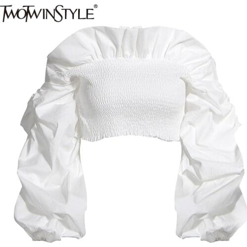 TWOTWINSTYLE Vintage Ruffles Women Blouse Slash Neck Lantern Long Sleeve Short Shirt Female Fashion Clothing 2020 Spring