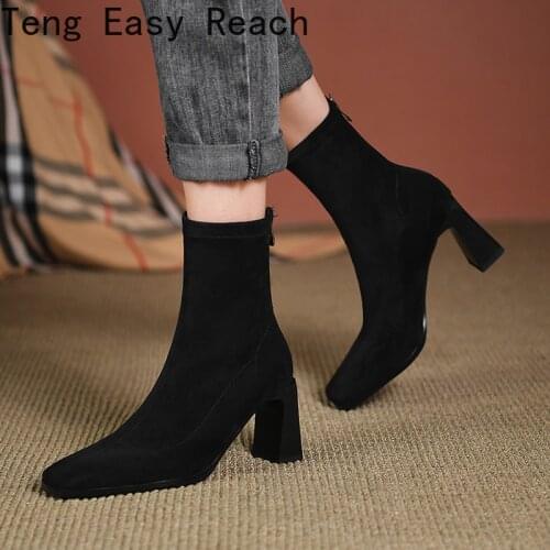 Autumn Elastic Boots Women Zipper Square High Heels Ankle Boots Slim Stretch Pointed Toe Shoes Female Winter Size 33-43