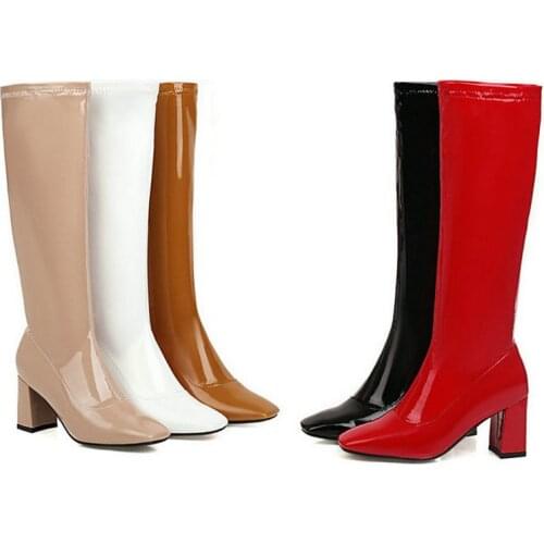 2021 Patent PU Leather Women Knee High Boots Fashion Square Toe Thick High Heel Ladies Boots Side Zipper Womens Shoes