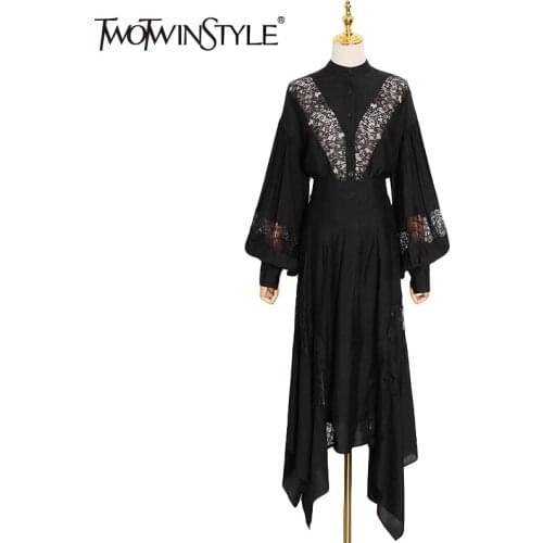 TWOTWINSTYLE Elegant Patchwork Lace Set For Women Stand Collar Long Sleeve Shirt High Waist Irregular Hem Skirt Female Sets 2021