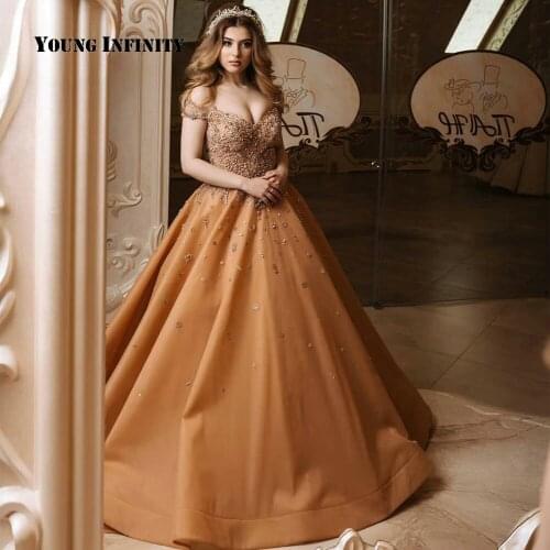 In Fashion Champagne Long Evening Dress 2020 V Neck Off Shoulder Prom Dress Lace Saudi Arabia Style Large Size Custom Made