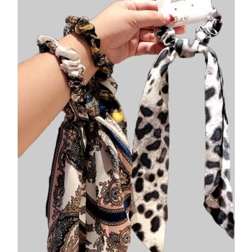 2020 Women Fashion Creative Satin Hair Ties Leopard Hair Ropes Knot Scarf Scrunchie Silk Ribbon Elastic Bow Ring Accessories
