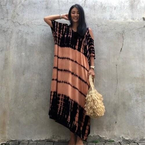 2021 Sexy Boho Tie dye Printed Long Beachdress Summer Kimono O-Neck Tunic Plus Size Beach Wear Dress Clothing Women N1244