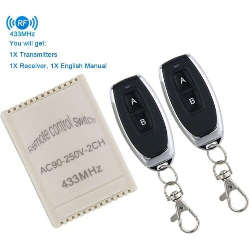 AC 85V ~ 250V 110V 220V 2CH Relay Receiver and Controller 433Mhz Remote Control Switch for Light,Door, Garage Universal Remote