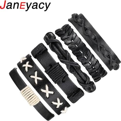 Janeyacy 6pcs/1set Black Braid Women Bracelets & Bangles for Men Multilayer Leather Bracelet Men Punk pulseira masculina