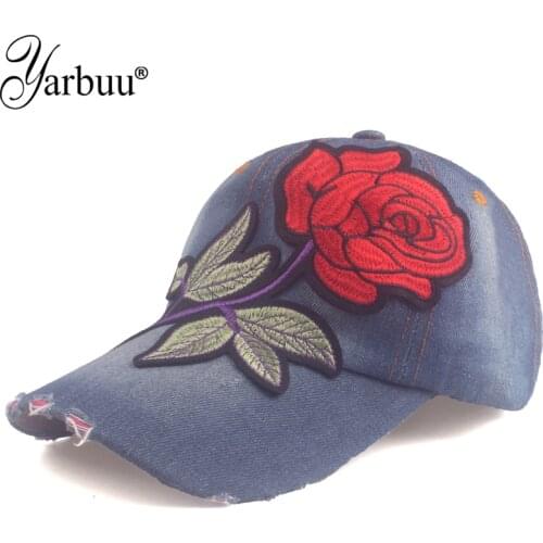 [YARBUU]Brand denim Baseball Cap with red Rose women casual snapback hat new fashion solid jeans caps summer sun lady girl hats