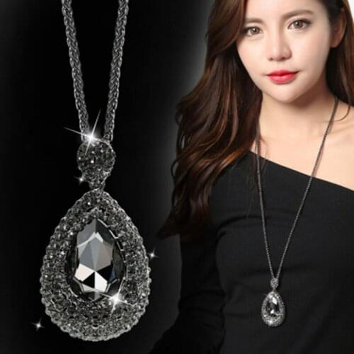 Shinning Heart Shaped Water Drop Rhinestone Long Necklace Women Bijoux Fashion Simple Sweater Pendant Jewelry Accessories
