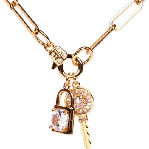 EYIKA New lock and key pendant gold link chain necklace with lobster clasp/Spring clasp Letter heart tag zircon ladies Jewelry