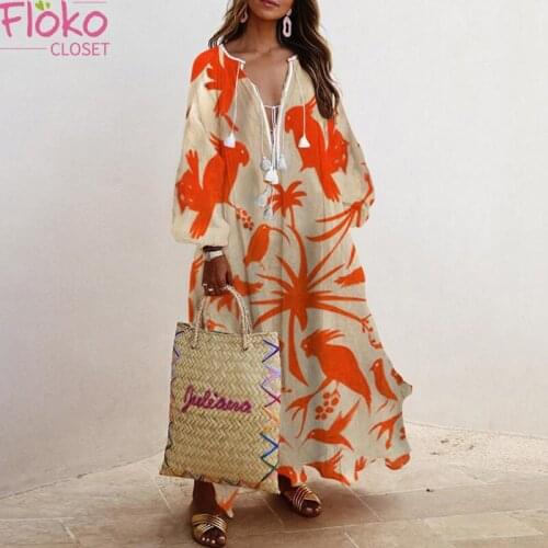 Flokocloset Print Long Sleeve Bohemian Dress Holiday Beach Maxi Dress Ladies A-Line Puff Sleeve Dresses