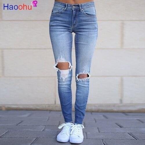 HAOOHU Mid Waist Ripped Jeans For Women Big Hole Trousers Stretch Pencil Pants Leggings Women Jeans