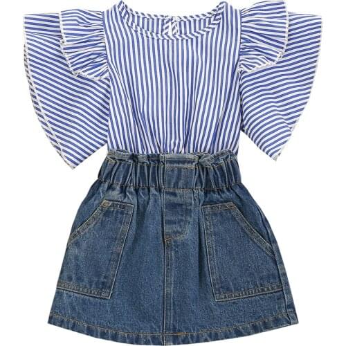 2PCS Toddler Kids Girl Clothes Set Summer Short Sleeve Stripe Ruffle T-shirt Tops + Denim Skirt Outfit Child Suit New