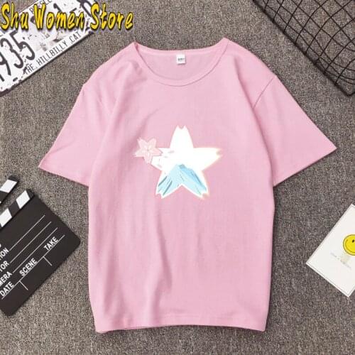 Lovely pink Star Print Girlish style O Neck T Shirt for Women Short Sleeve Loose Tshirts Woman Summer Harajuku Tee Tops