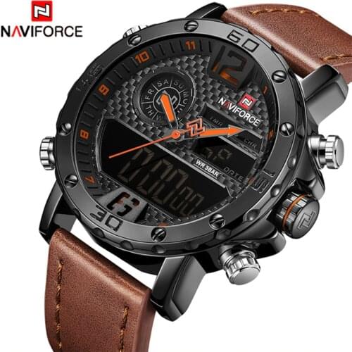 Mens Watches Luxury Brand Men Leather Sports Watches NAVIFORCE 9134 Mens Quartz LED Digital Waterproof Military Wrist Watch