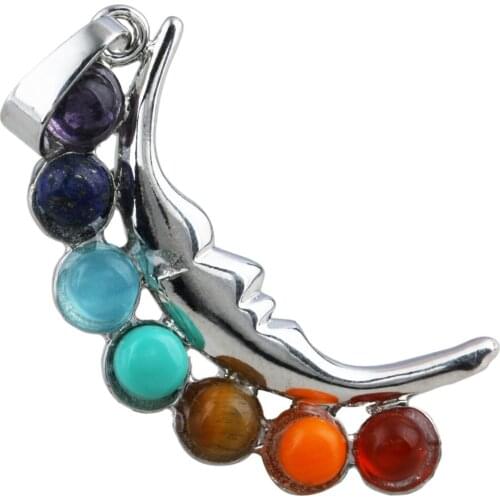 SUNYIK 7 Multi Chakra Stone Dowsing Reiki Stone Crescent Moon Charms Pendant Jewelry
