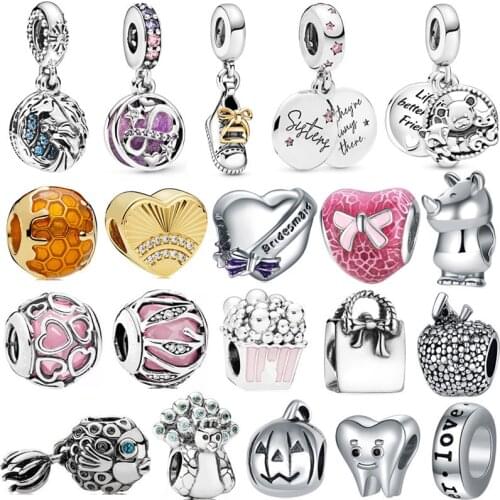 Pink Cute Bowknot Heart Popcorn Peacock Beads Pendant Fit Original Pandora Charm Bracelet Women Jewelry Gifts