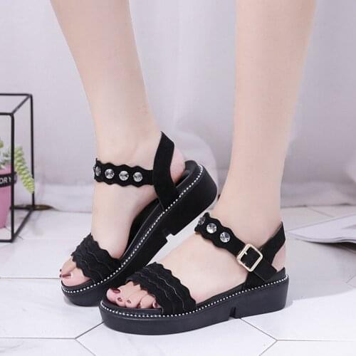 Comemore 2021 New Women Sandals Summer Ladies Open Toe Beach Shoes Rhinestone Flat Fish Mouth Buckle Roman Sandals Women Sandals