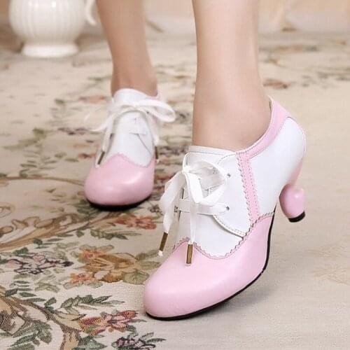 Japanese Lolita Cute Sweet Lace Round Head Retro High Heel Deep Mouth Womens Shoes Vintage Sweet Lolita Shoes Cos Girl Loli