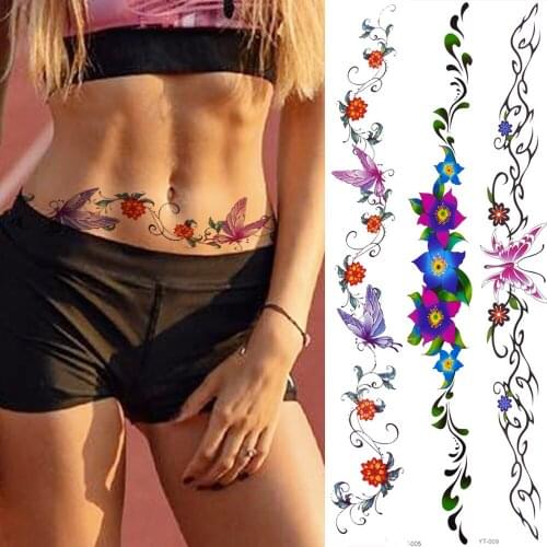 Flower Butterfly Temporary Tattoos For Women Adults Sexy Body Art Tattoo Fake Sexy Throns Vine Waist Line Art Tatoos For Holiday