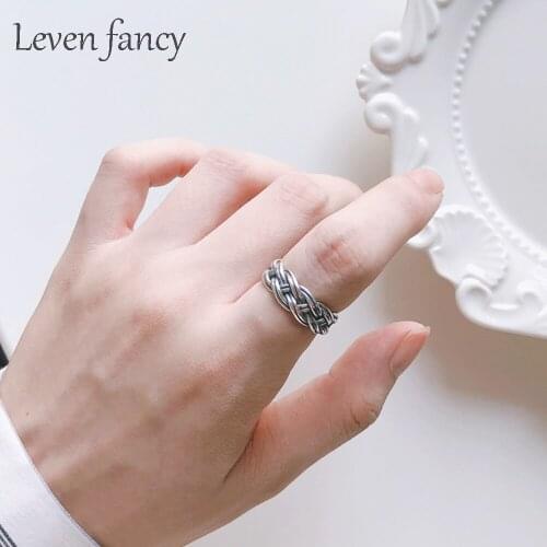 Japan Korea Vintage Retro 925 Sterling Silver Hand Woven Braided Twisted Ring for Women Antique Silver Style Rope Cable Ring