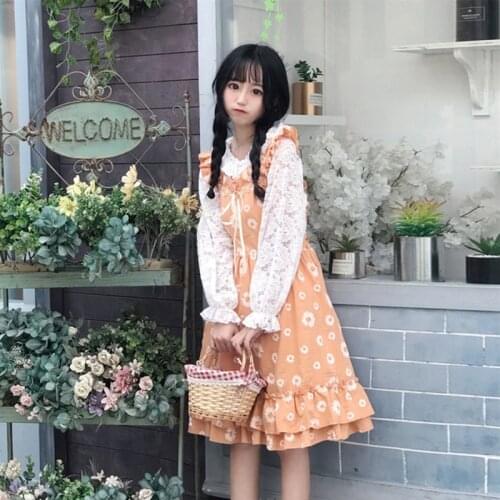 Japanese Sweet Floral Long Ruffled DressTake Trumpet Sleeves restonic shan Suit Female Summer lolita dress goth lolita fairy