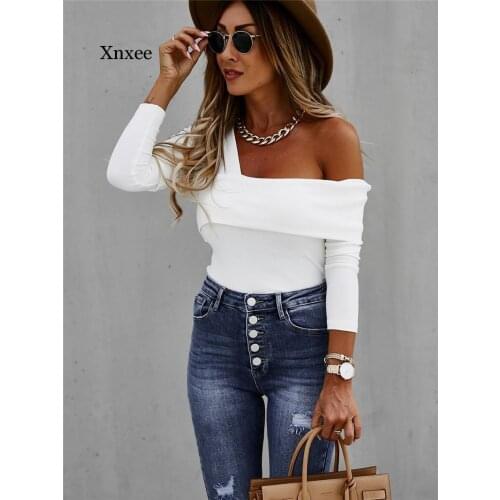 Spring Autumn Sexy Women T-Shirts Irregular Strapless Asymmetrical Collar Long Sleeve Solid Color Slim Pullovers Streetwear Top