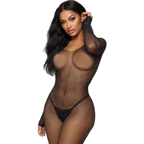 L-4 Long Sleeve Pantyhose Fishnet Crotchless Bodysuit Faux Dimond Rhinestone Tights Bodystocking Sexy Hot Erotic Lingerie