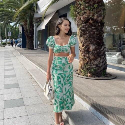 JUNWU Summer Womens Green Printed Square Collar Lantern Sleeve Short Vest Covered Hip Elastic Knit Skirt Set Holiday Za Style