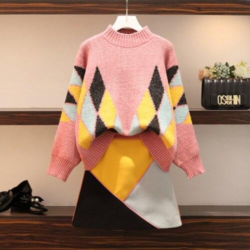 Good Quality 2019 Autumn Winter Women Plus Size Two Piece Set Geometric Knitted Sweater Tops+Skirt Mini Plaid Casual 2 Piece Set