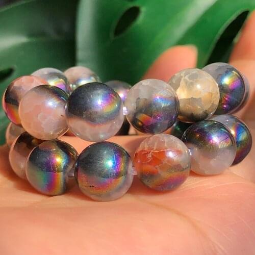 Green Plated Orange Cracked Dragon Fire Agates Metallic Coated Beads Natural Stone Loose Bead for Jewelry Making DIY Bracelets