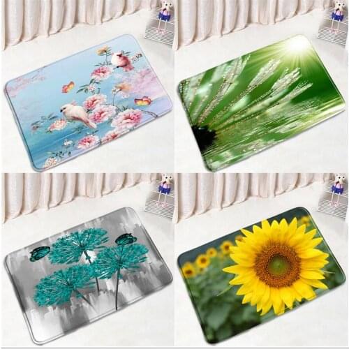 Flower Bathroom Mat Chinese Style Floral Bird Butterfly Sunflower ​Non-slip Rugs Flannel Home Decor Bath Kitchen Doorway Carpet