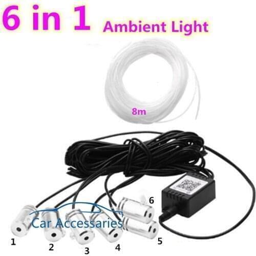 6 in 1 Flexible Car Atmosphere Lamps APP Sound Control RGB Mode Colorful Auto Interior Ambient Light Decorative Lamp Strips 8m