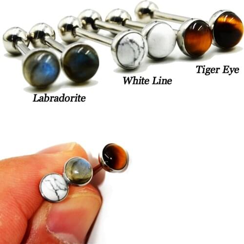 1pcs Surgical Steel Labradorite Tiger Eye Ring White Line Stone Tongue Barbell Ring Body Piercing Jewelry